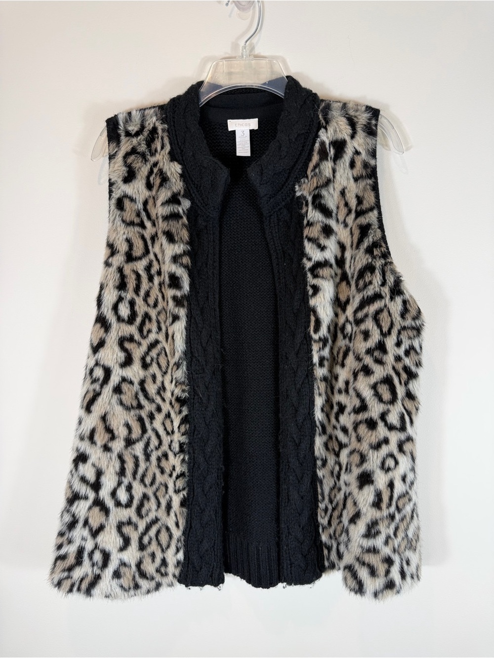 Chico's Leopard Faux Fur Sleeveless Sweater Vest with Black Knit Center 3/XL